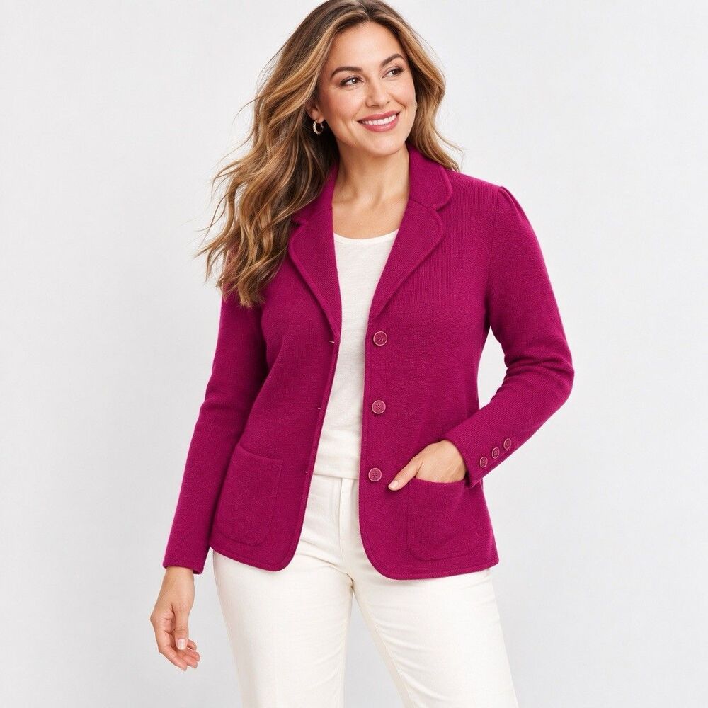Talbots Petite LP 100% Merino Wool Knit Sweater Blazer Berry Pink Cardigan